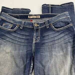 BKE Women's Sabrina Blue Denim Size 32 X 29 Low Rise Thick Stitch Distress READ